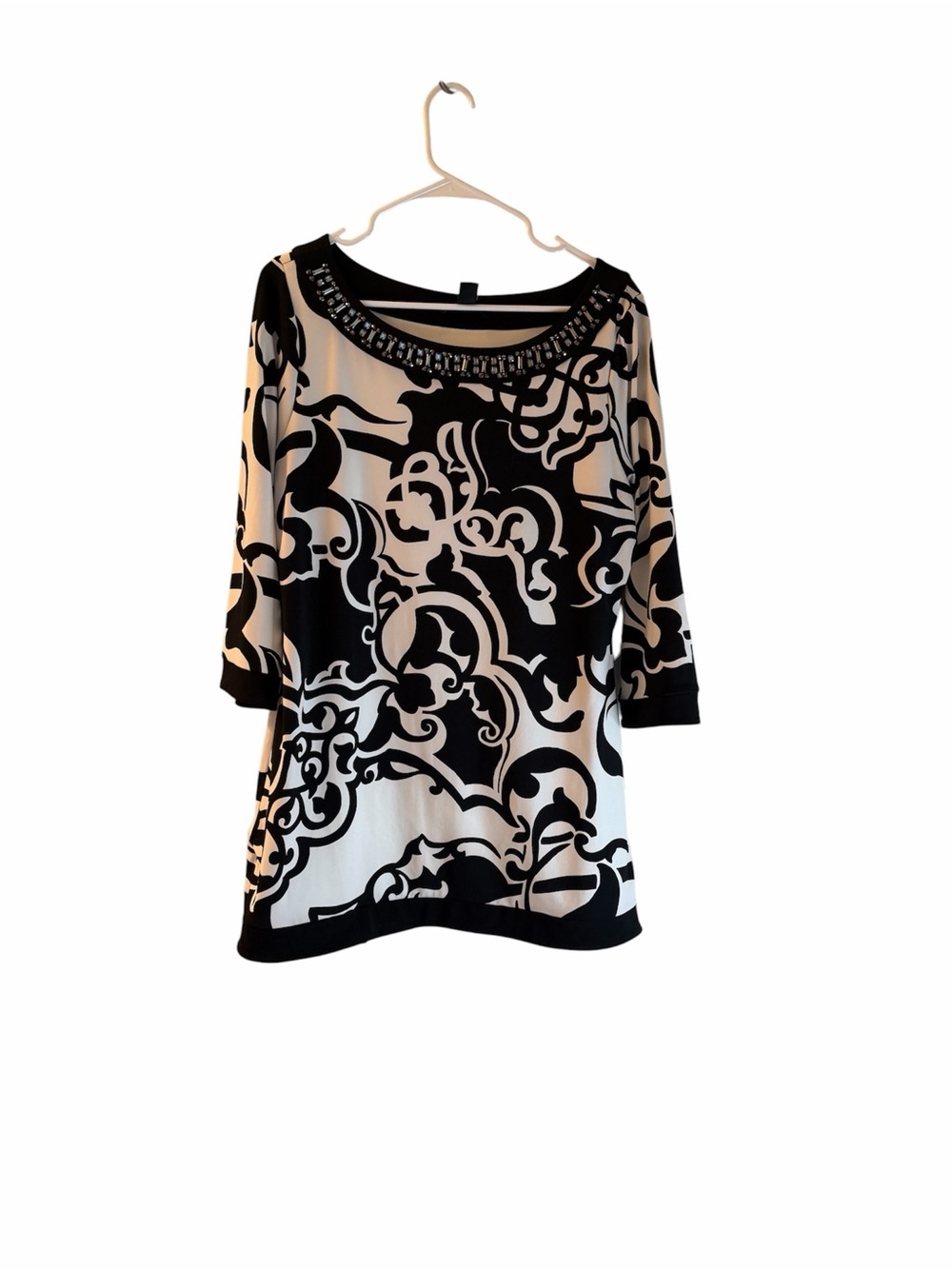 White House Black Market Black & White Embellished Neck Midi Dress
